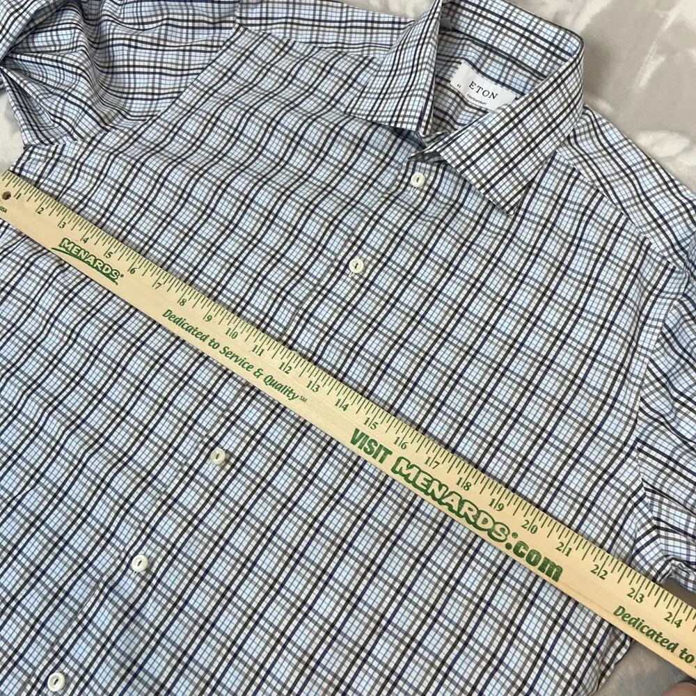 Eton Shirt‎ Mens 43 17 Blue Plaid Button Front Career Preppy Business Officewear